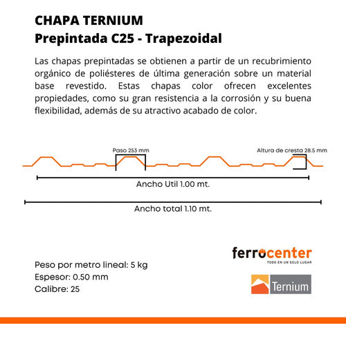 Ternium Trapezoidal Color C25 Sheet 2.00 Meters Long 1