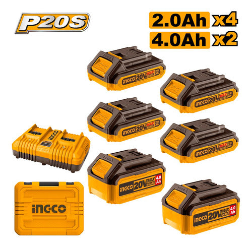 Ingco Set of 6 P20S Batteries (4x2Ah, 2x4Ah) Cosli230701 Charger 0