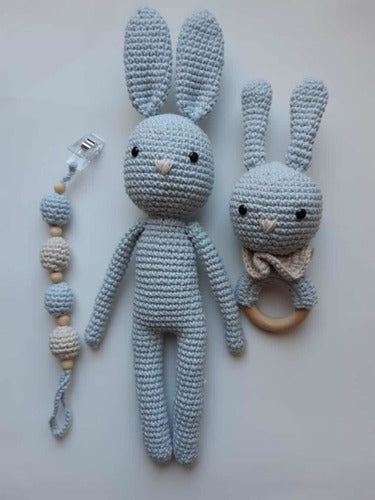 Crochet Bunny Set + Rattle + Pacifier Holder by Chichelandia 5
