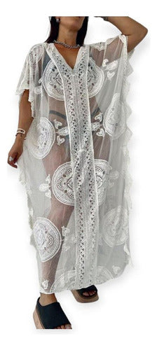 Divinas Reylav Long Elegant Tulle Kimono with Delicate Embroidery 0