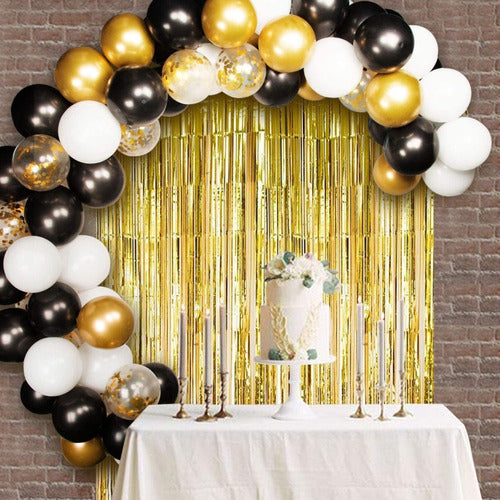 Cotillón Eli Arco Organico 100 Globos Negro Dorado Blanco Cortina 3