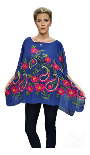 Wide Poncho Style Blouse / Tunic Embroidered with Flowers 0