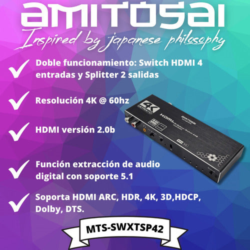 AMITOSAI MTS-SWXTSP42 4x2 HDMI Switch Splitter 4K HDR ARC 1