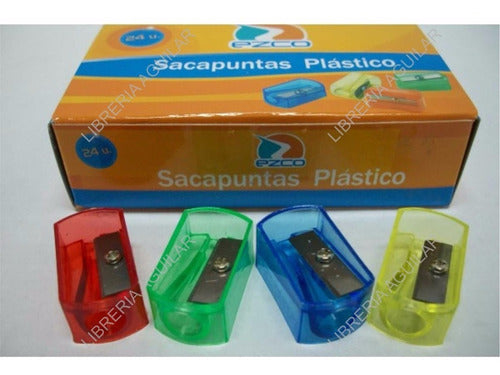 Caja 24 Sacapuntas Plásticos De Colores Con Cuchilla Acero 1