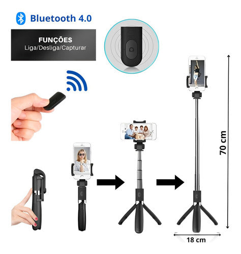 Pau De Selfie Bluetooth Tripé Estabilizador Controle Bastão Cor Preto 3