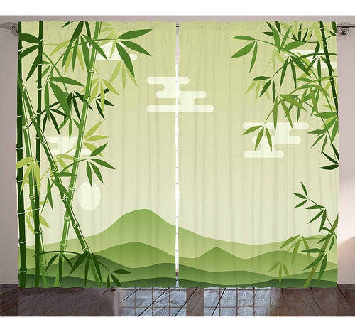 Ambesonne Green Leaf Curtains, Abstract Bamboo Trees In Japanese Forest 0