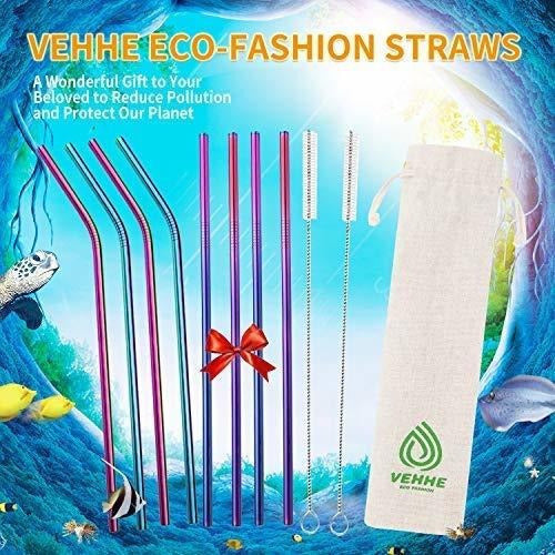 VEHHE 8x Reusable Stainless Steel Rainbow Straws 265mm 6