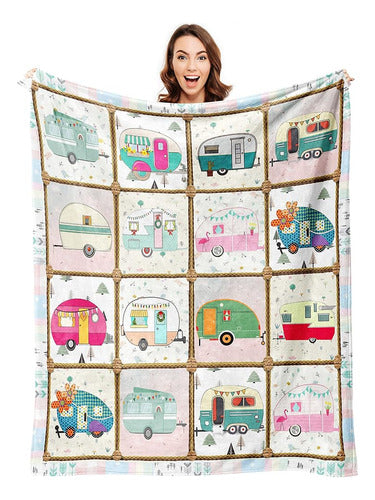 Happy Camper Decor Blanket Camping Bus Throw Blanket Suave W 1