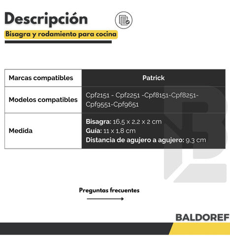 1 Bisagra Puerta Horno Cocina Patrick + 1 Caja Rodamiento 2