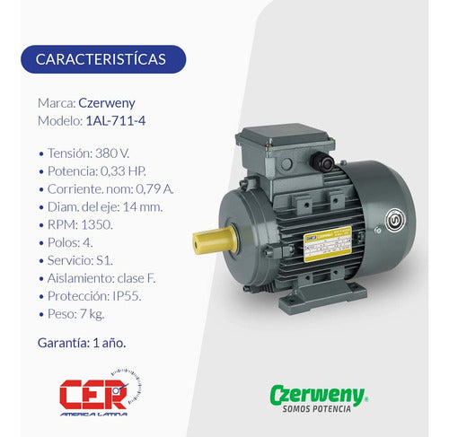 Motor Trifasico Czerweny 1al-711-4 0,33 Hp 1350 Rpm 4 Polos 1