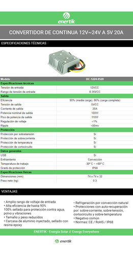 Enertik Transformador Convertidor De Continua 12-24v A 5v 20a 2