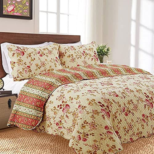 Cozy Line Home Fashions Vintage Floral Rose Chintz 3-Piece Khaki Pink Green Scalloped 1