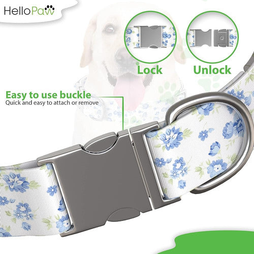 HelloPaw - Blue Flowers and Silver Metal - Premium Nylon Dog Collar 1