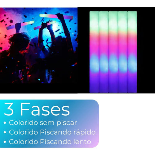 Kit 100 Bastão De Led Espuma 3 Fases Neon Festas Rave 48cm 2