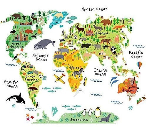 HomeEvolution Large Kids Educational Animal/Famous Building World Map Peel & Stick Wall Decals 0