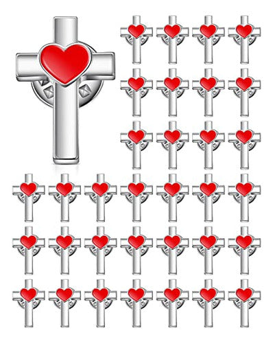 Yinkin 100 Pcs Bulk Cross With Heart Lapel Pins Religious Christian Chaplain Silver Small Pin With Clutch Back Hat Pins For Men Collar Backpack Christmas Brooches For Women 0