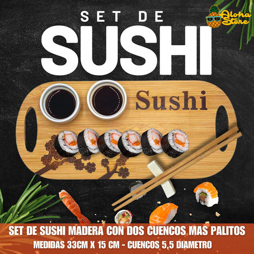 Aloha Set Para Sushi Madera Con Dos Cuencos Salsa + Palitos 1