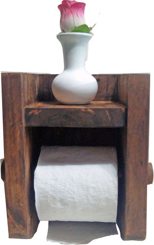 Rustic Solid Pine Wood Toilet Paper Holder with Small Shelf 0