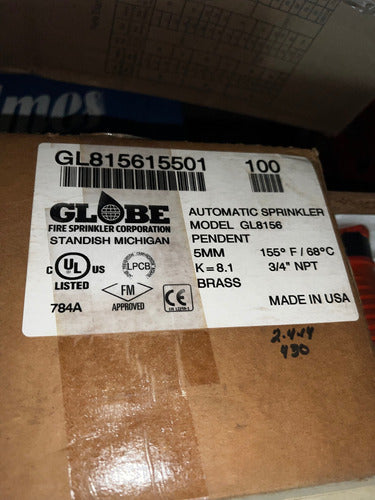 Globe Sprinkler Rociador De 3/4 68 º Pedent Sello Ul-fm 3