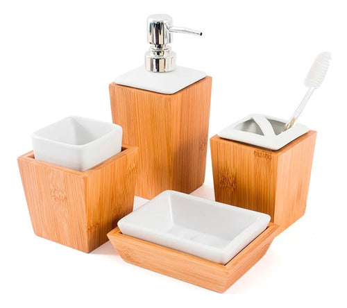 Känn Livet Premium Bamboo Ceramic Bathroom Set Dispenser Organizer 0