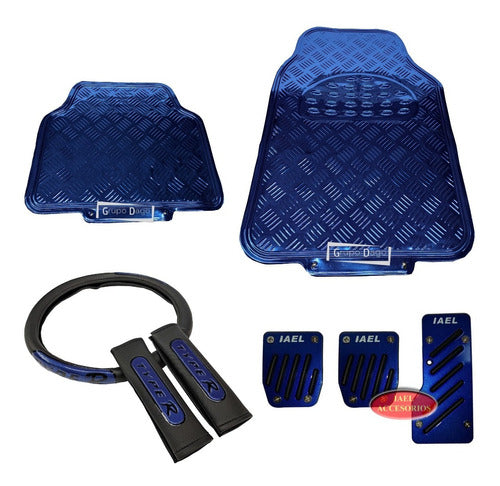 Grupo Dago Sports Aluminum Pedal Set + Tuning Floor Mats + Leather Steering Wheel Cover + Seat Belt Cover Set 16