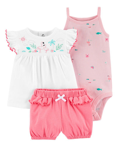 Carter's Set Tres Piezas Remera Manga Corta Short Con Volados Y Body 0