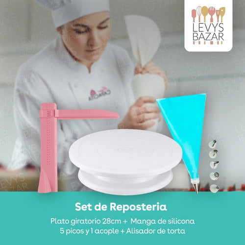 Cake Decorating Set with Rotating Plate, Smoother, Piping Bag, and Tips 1