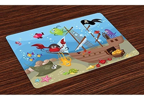 Ambesonne Pirate Place Mats Set De 4 Cartoon Ship Under The 0