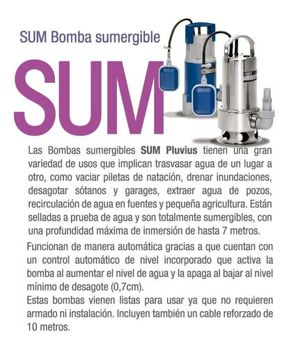 Pluvius Bomba Sumergible Desagote 550 W Agua Limpia SUML550 2