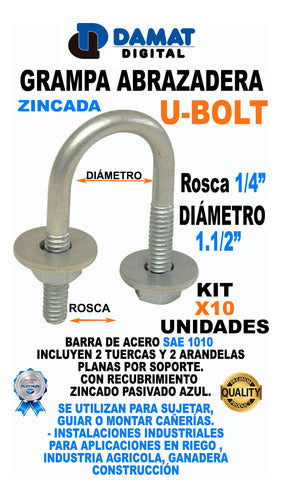 Abrazadera Grampa U Bolt Rosca 1/4  P/caño 1.1/2 Kit 10 Uni 1