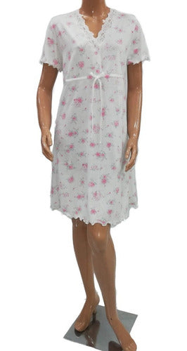 1127. Short-Sleeve Printed Cotton Nightgown + Robe Set 0