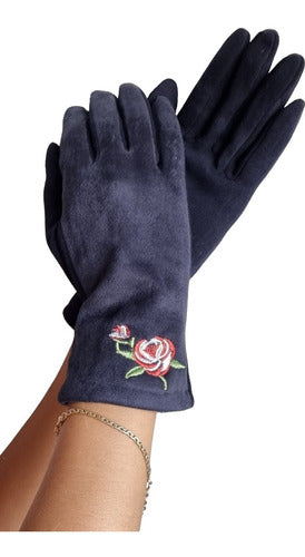 Suede Gloves Women Floral Detail Winter Warmth 1