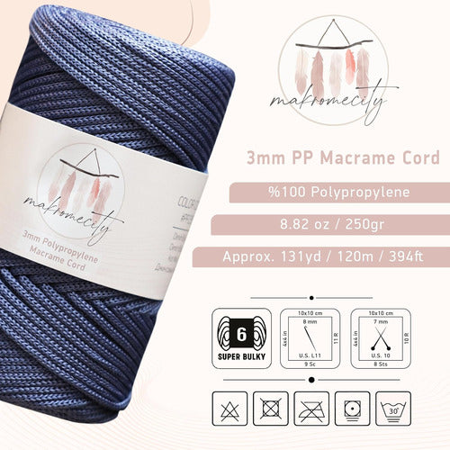 Makromecity Premium Macrame Cord 3mm x 120 Meters, Denim Blue 1