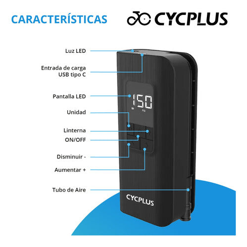 Portable Cycplus Compressor - 150PSI - 2000mAh - USB-C 2
