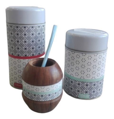 Complete Mate Set with 1L Thermos, Yerba Mate Holder, Sugar Bowl, and Wooden Mate Cup with Straw - Set Matero Completo Termo 1 L Yerbera Azucarera Mate Madera