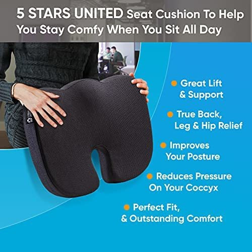 5 Stars United Office Chair Seat Cushion Pillow - Memory Foam Firm Coccyx Pad - Tailbone, Sciatica, Lower Back Pain Relief 4