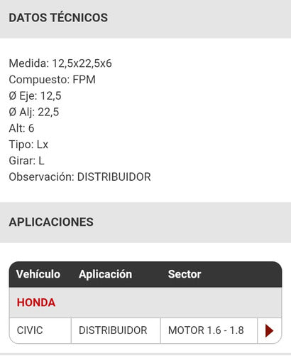 Reten Distribuidor Honda Civic Motor 1.6 1.8 Viton Cod 9853 2