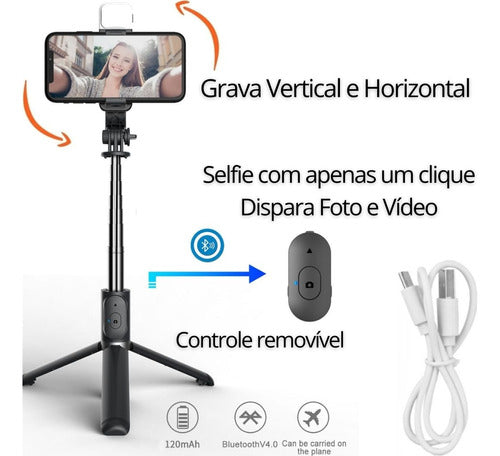 Tripé Bastão Pau De Selfie Com Controle Bluetooth Luz De Led 5