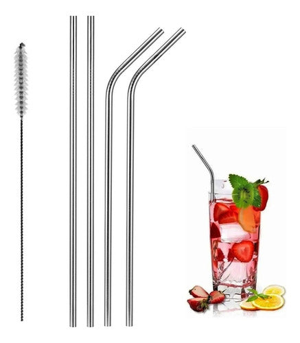 Reusable Stainless Steel Straws x 4 with Cleaner - MegaCuper - Sorbetes Reutilizables Acero Inox X 4 Mas Limpiador Mod Rect