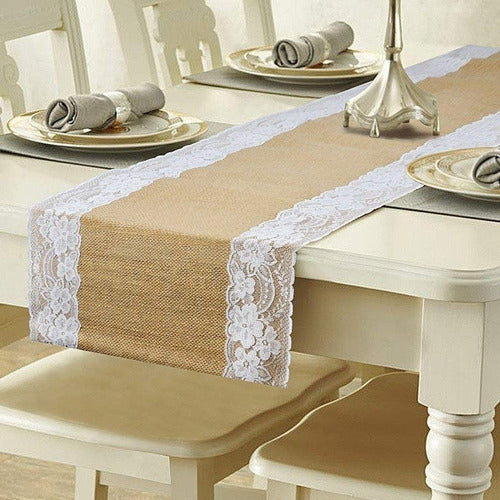 ClevClover Vintage Burlap Table Runner with Lace 0.30 x 2.8 Mts 0