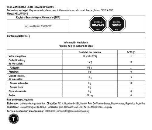 Mayonesa Light Hellmann's 950 Kg. 1