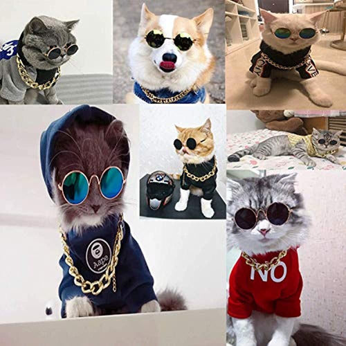 Legendog Cat Glasses, 2 Pcs, Sunglasses for Cats with Gold Chain 2