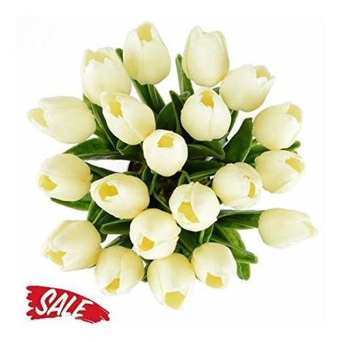 Hovebeaty Artificial Tulips Bridal Wedding Festival Decor Bouquet Real Touch Pu Flower Bouquet Pack Of 20 (Milk White) 1