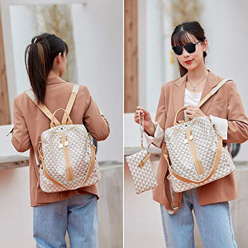 Makes Beige PU Leather Women's Backpack in Checkered Design 4