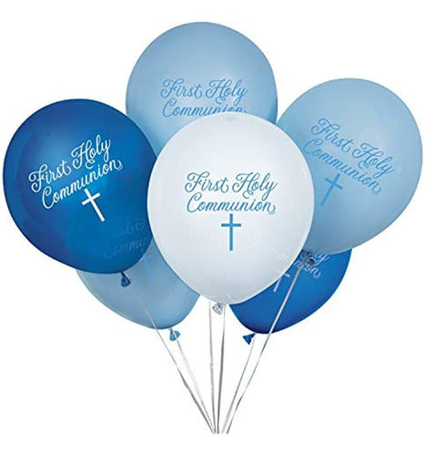 Unique Fancy Cross First Communion Blue Latex Balloons - 8 Pieces 0