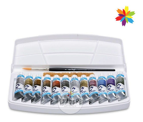 Van Gogh X12 Pomos Box Colores Metalicos Acuarelas + Pincel 0