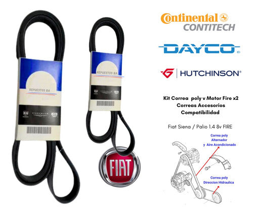 Kit Poly Belts for Fiat Palio Siena 1.4 8v Fire - Set of 2 Alternator/Power Steering Belts 1