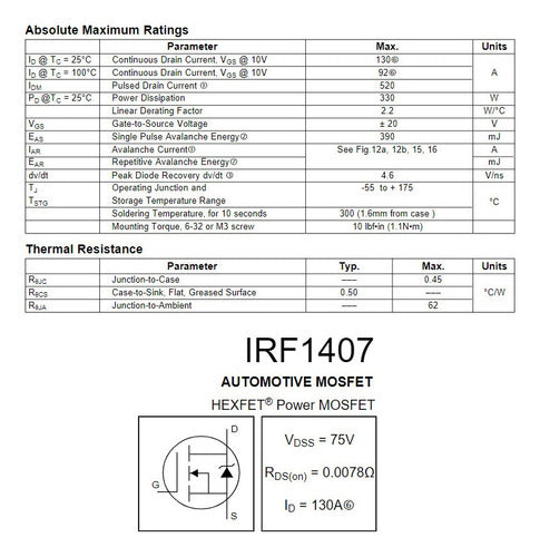 2 Pçs - Transistor Irf1407 - Irf 1407 - 75v 130amp - Canal N 5