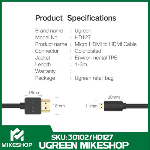 Premium Micro HDMI to HDMI Cable 1.5 Meters HD 1080p by Ugreen 8