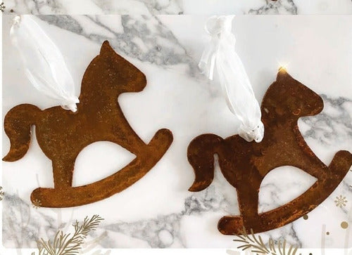 Rustic Christmas Ornaments Set of 2 Hanging Horse Decorations in Oxidized Metal 1